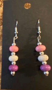 NUMBER 12 PINK WHITE AND PURPLE HANDMADE BEADED EARRINGS